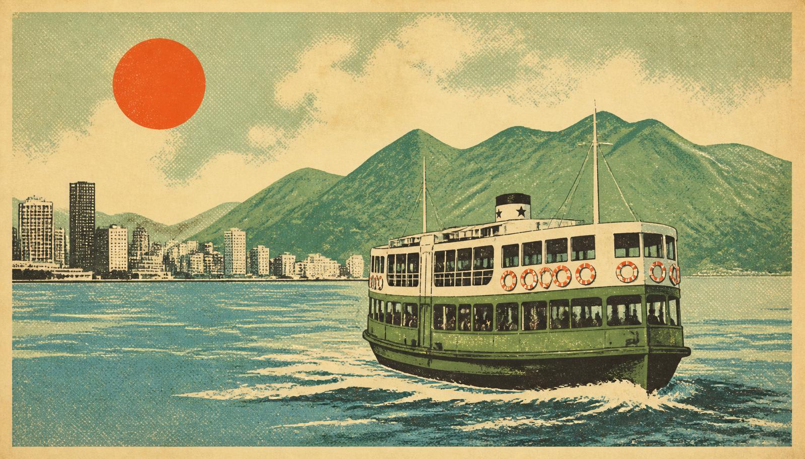 Retro screenprint of a Hong Kong commuter ferry crossing toward the Lantau hills